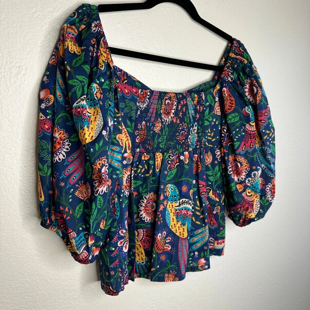 FARM Rio Tropical Birds Blouse NWOT Size XS Navy Blue Puff Sleeve Cotton Top